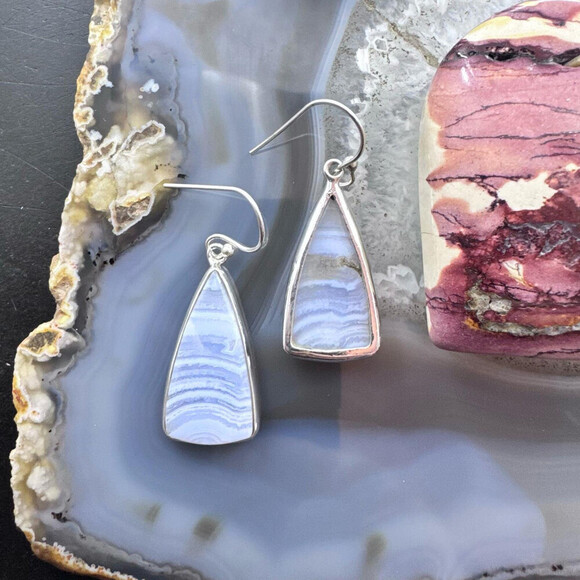 Sterling Silver Southwestern Style Triangle Blue Lace Agate Dangle Earrings - Picture 7 of 10